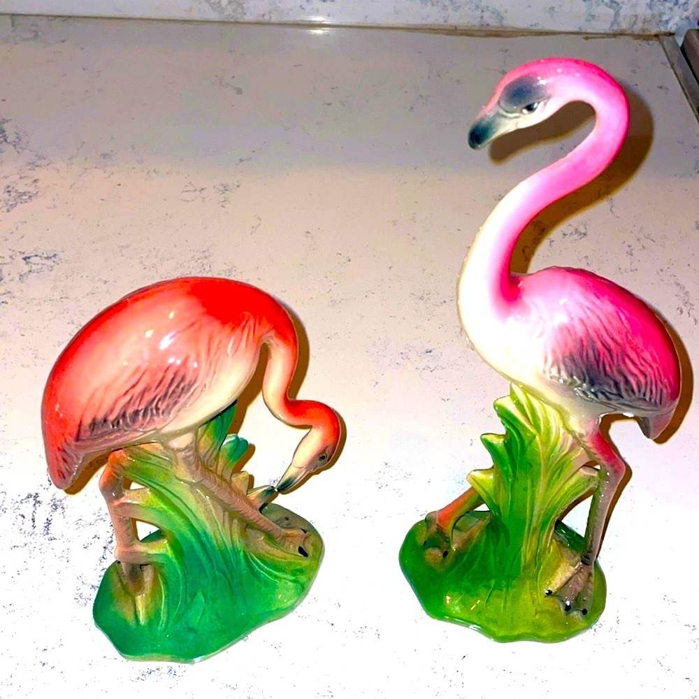Flamingos Pottery Mid Century Set of 2 Matching Pink Marked Maddux of California